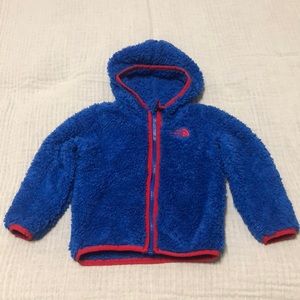 Blue North Face fuzzy Sherpa fleece hoody jacket for babies, 12-18 months